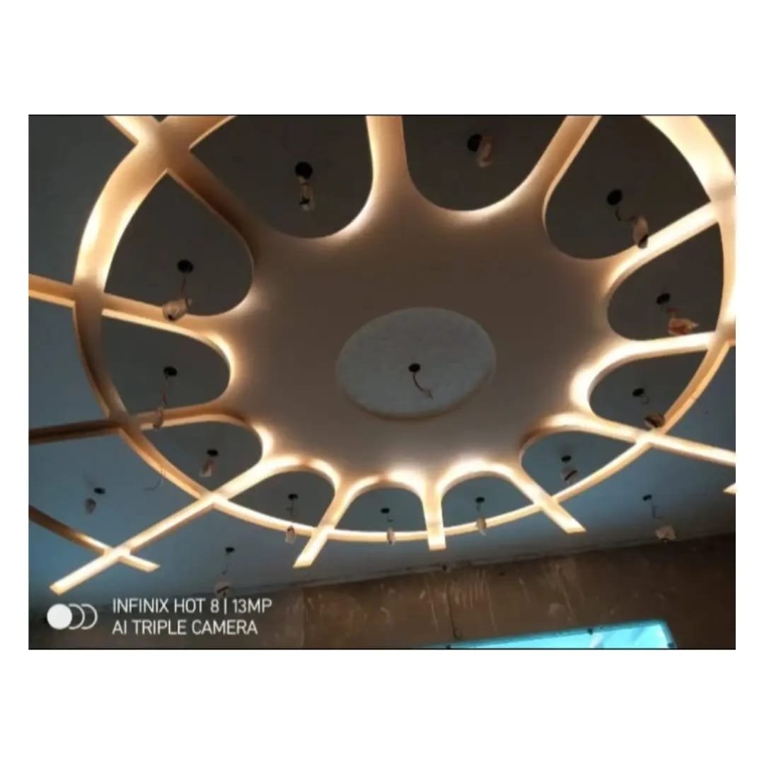 Completed circular POP false ceiling portfolio with warm LED lights for office reception
