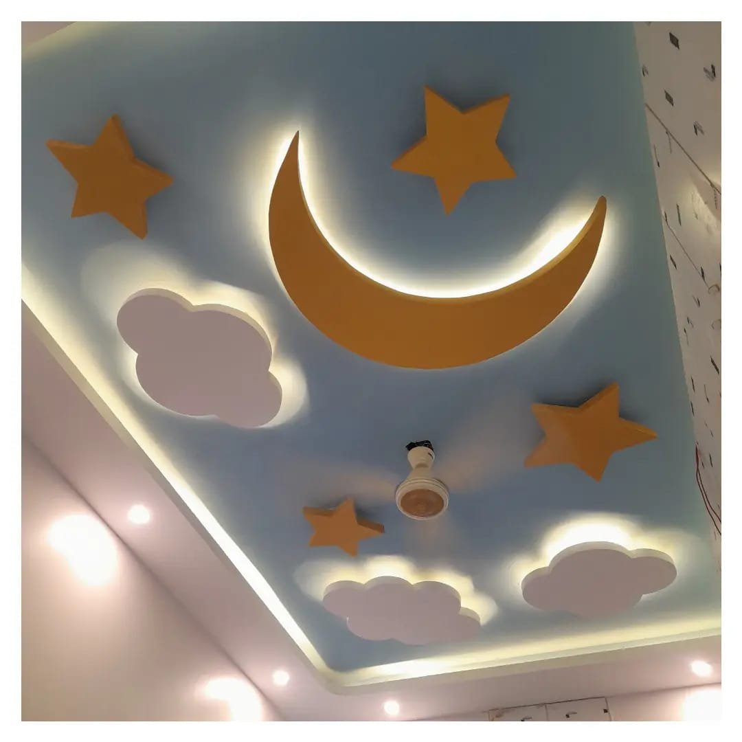 Completed Kids Room False Ceiling portfolio with Glowing Moon Stars Light