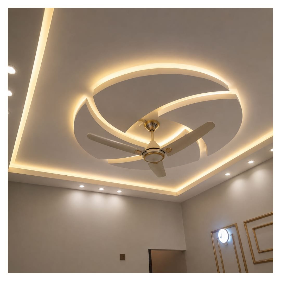 Completed modern curved gypsum false ceiling portfolio installation with warm LED cove lighting in a residential room.
