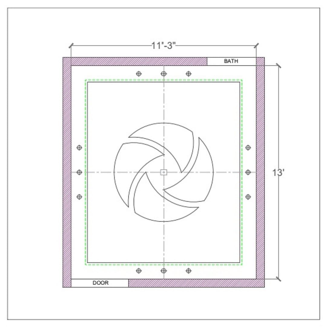 Draft: Technical 2D architectural drawing of a modern gypsum false ceiling portfolio featuring a central curved geometric pattern with clear dimension lines, used for precise site installation in Karachi.