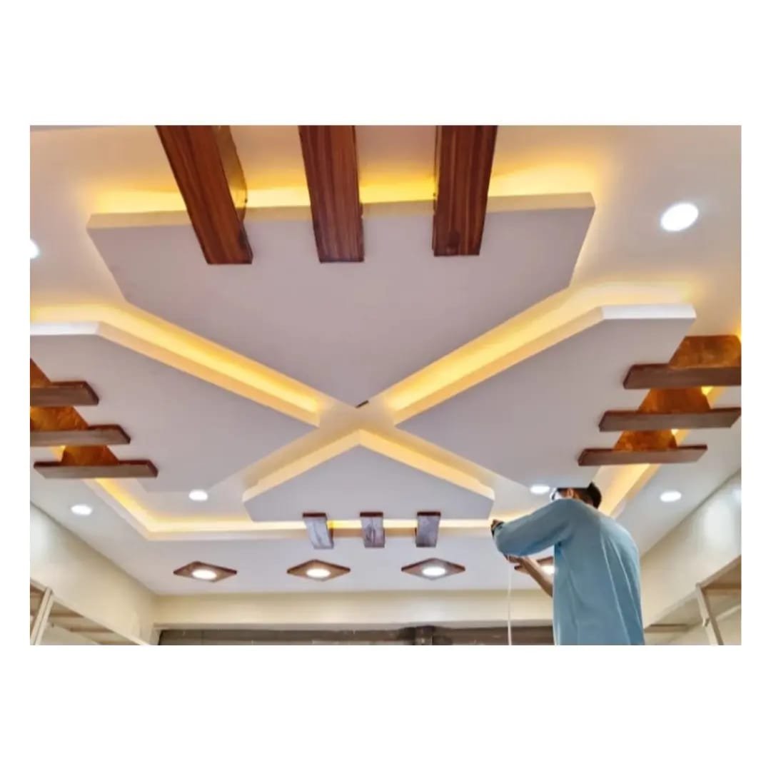 On site completed gypsum false ceiling physical installation with warm cove lighting and modern architectural finish