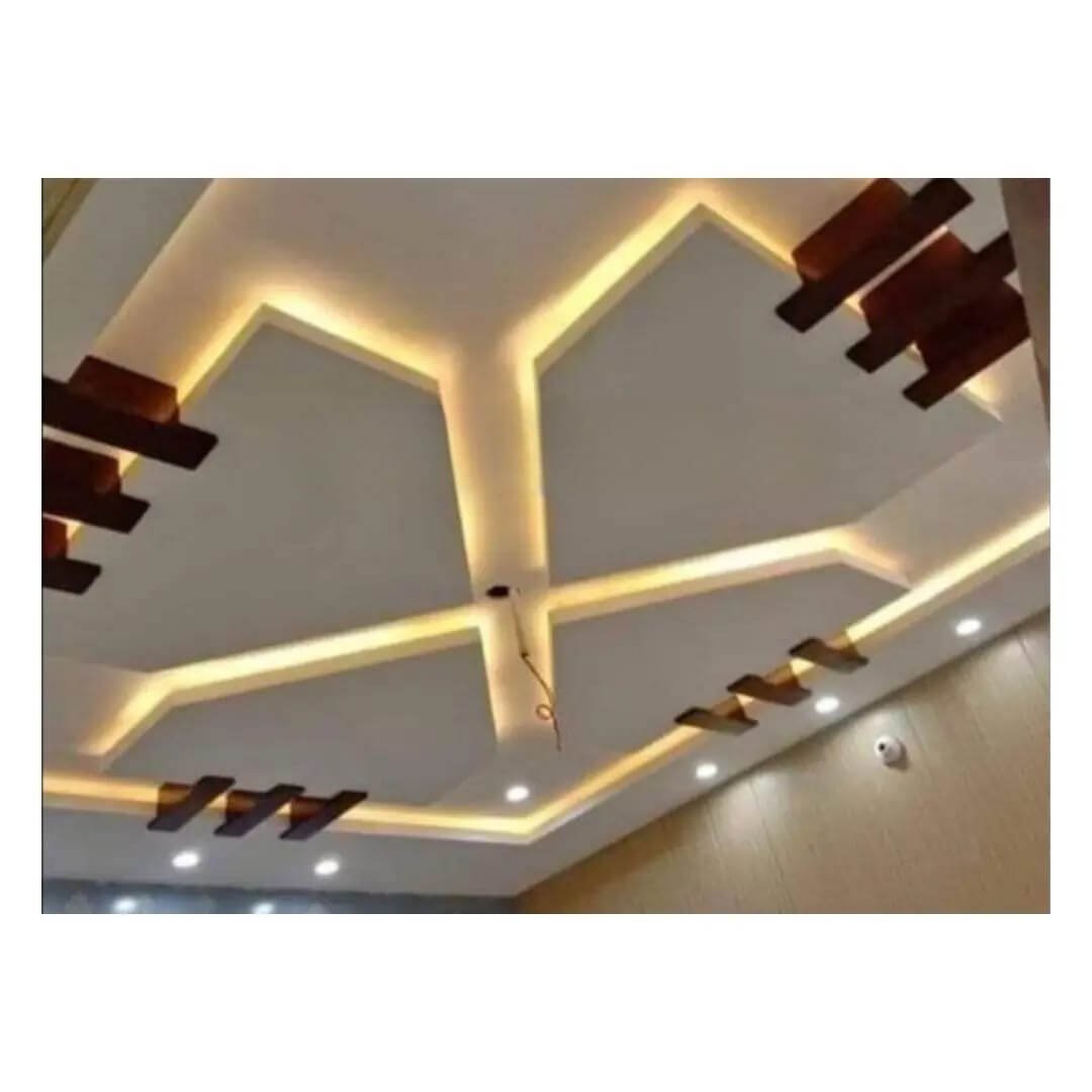Modern gypsum false ceiling design featuring ambient LED profile lights and cove illumination for office room