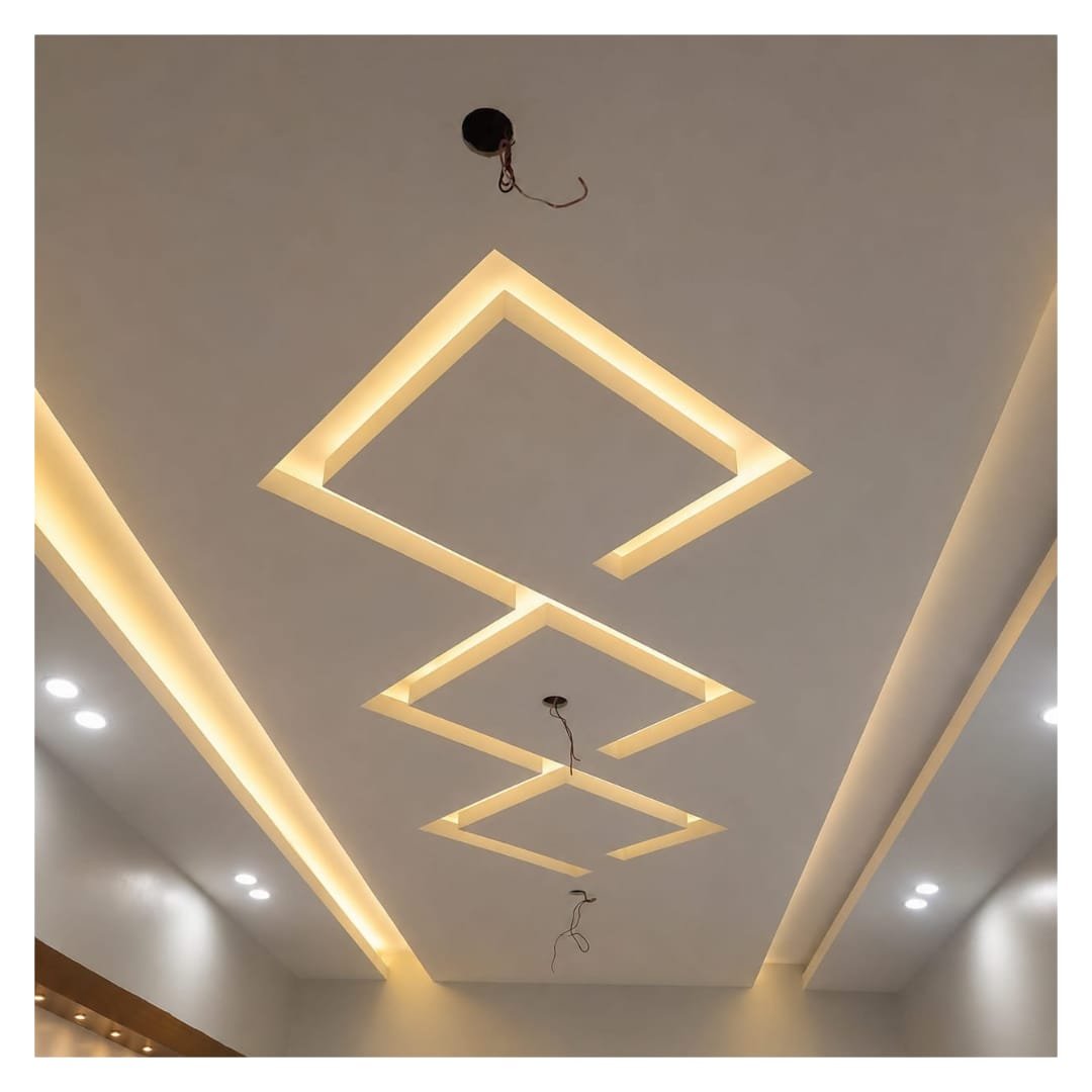 Modern geometric false ceiling portfolio with unique wooden pattern and cove lighting